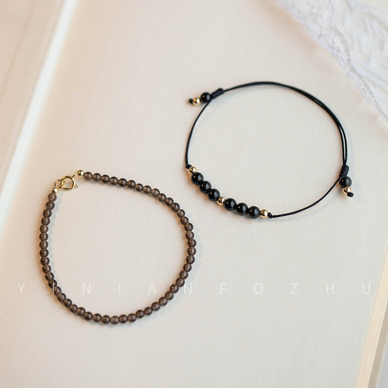 Tea Crystal & Obsidian Bracelet with Natural Stone, Lucky Gold Beads