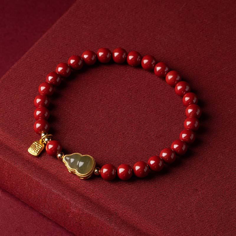 Cinnabar Bracelet with Natural Jade Gourd & Gold Inlay