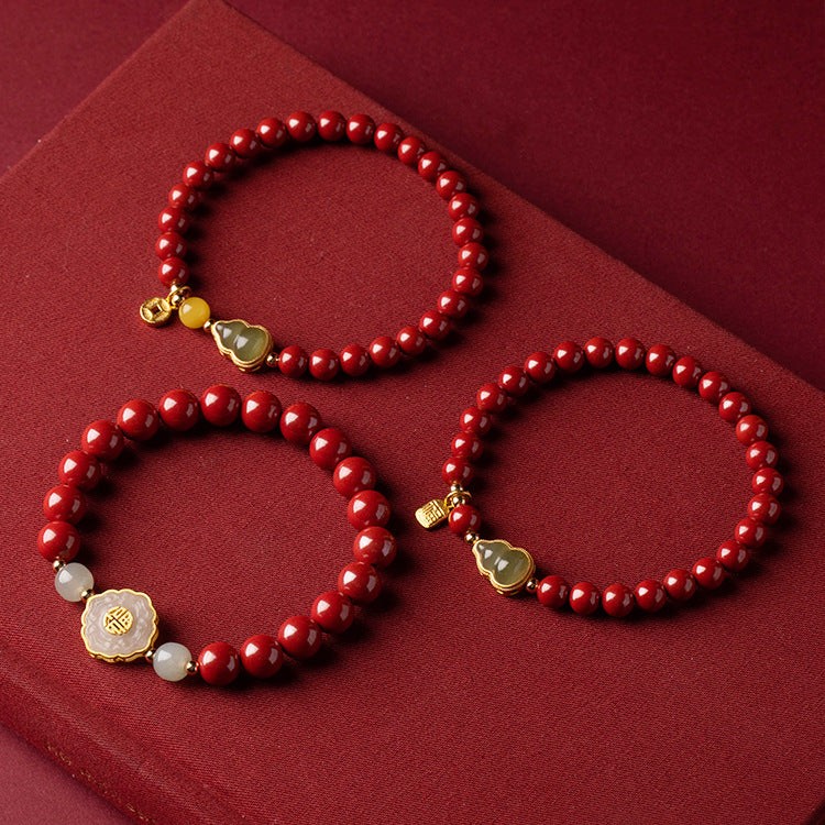 Cinnabar Bracelet with Natural Jade Gourd & Gold Inlay