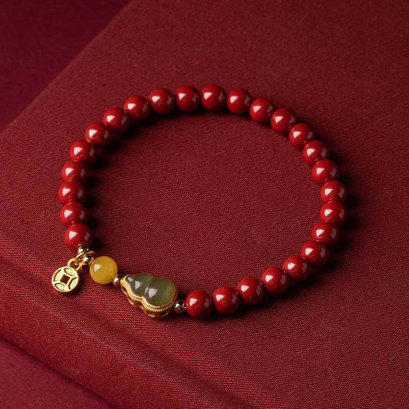 Cinnabar Bracelet with Natural Jade Gourd & Gold Inlay