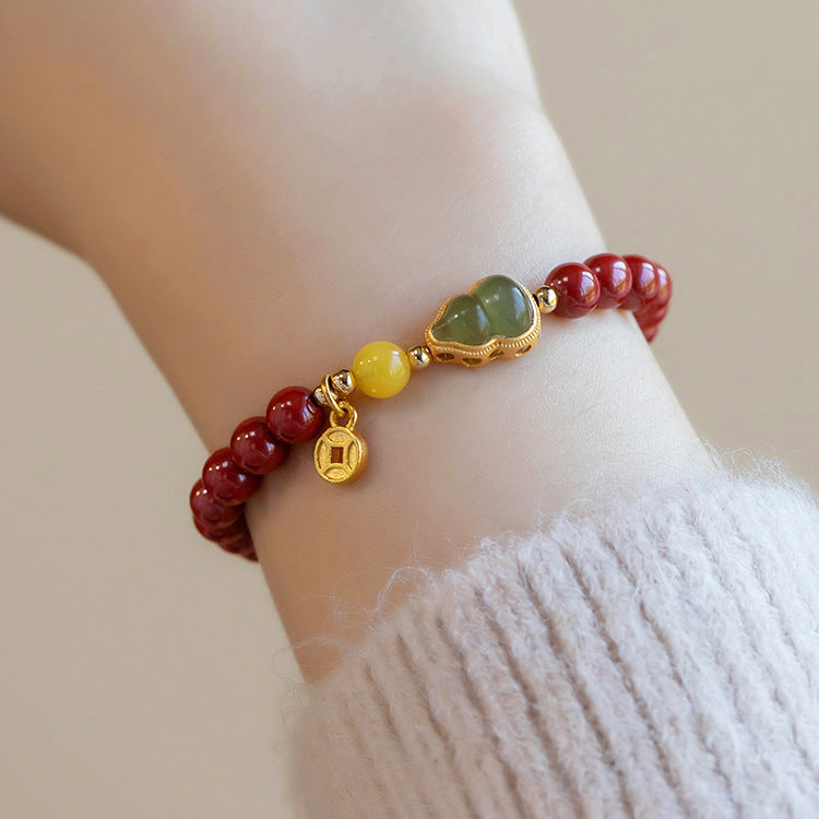 Cinnabar Bracelet with Natural Jade Gourd & Gold Inlay