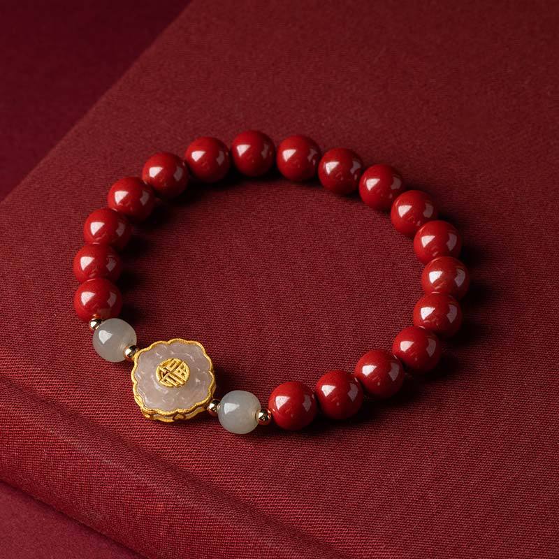 Cinnabar Bracelet with Natural Jade Gourd & Gold Inlay