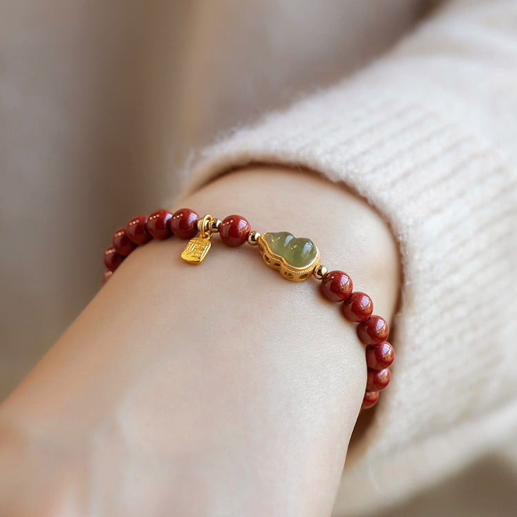 Cinnabar Bracelet with Natural Jade Gourd & Gold Inlay